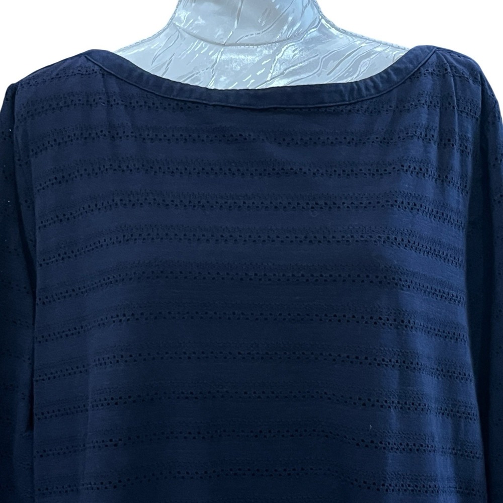 Talbots Sz 3X Eyelet Striped Navy Blue Top Button Accent 3/4 Sleeve Office Twee
